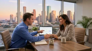 Business owner consulting with SEO company in Houston about digital marketing strategy