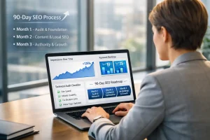 First 90 Days of SEO process showing 90-day SEO roadmap, technical audit checklist, keyword rankings growth, and impressions increase on analytics dashboard