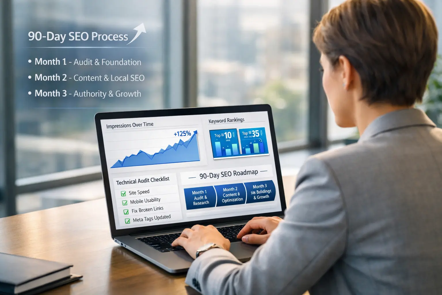 First 90 Days of SEO process showing 90-day SEO roadmap, technical audit checklist, keyword rankings growth, and impressions increase on analytics dashboard