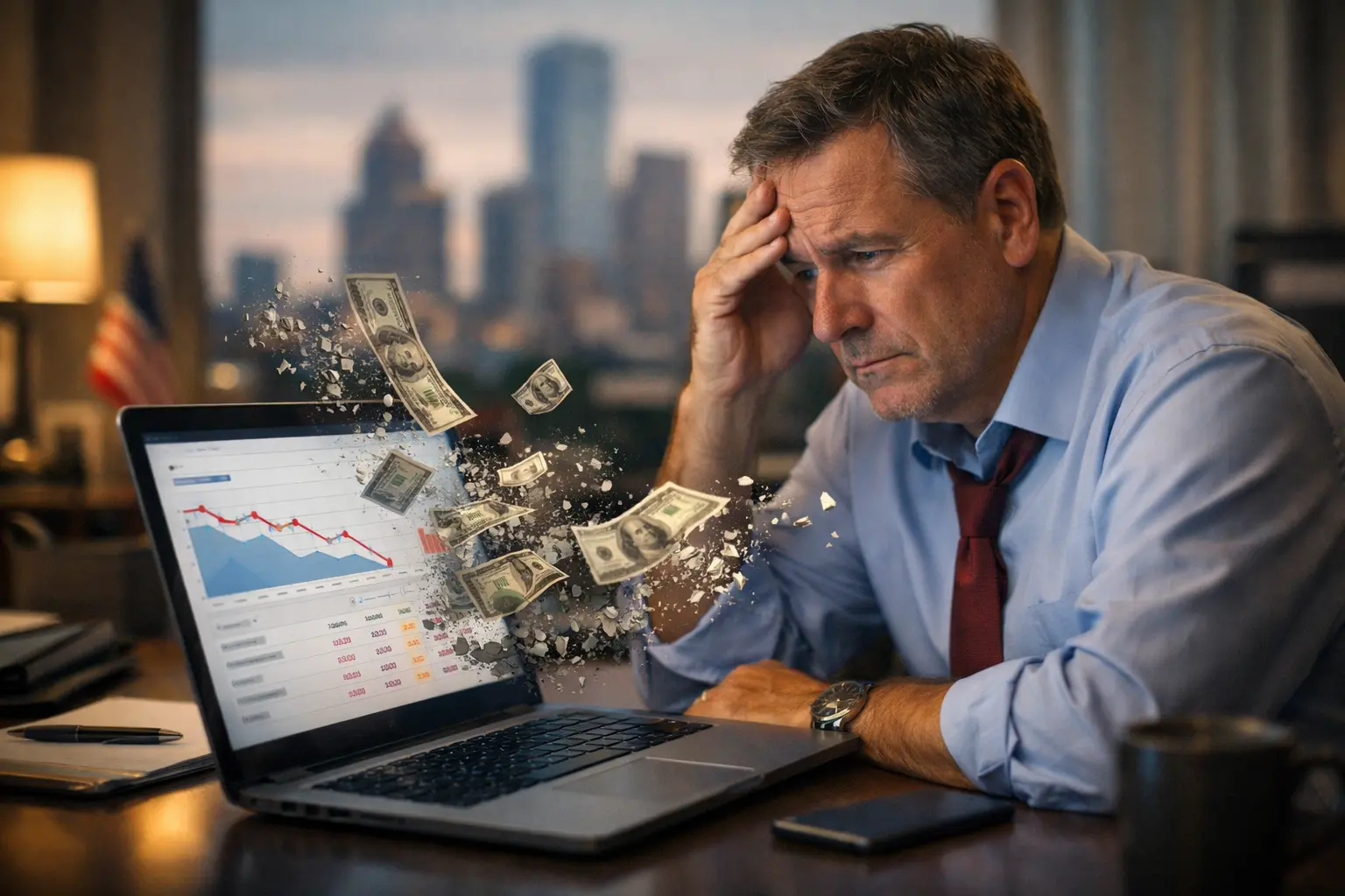 Frustrated business owner reviewing declining campaign performance on laptop, illustrating poor Google Ads Management and wasted ad spend