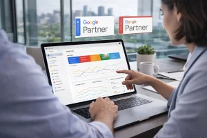 Google Partner badge displayed above a laptop showing Google Ads performance dashboard in a professional marketing agency office