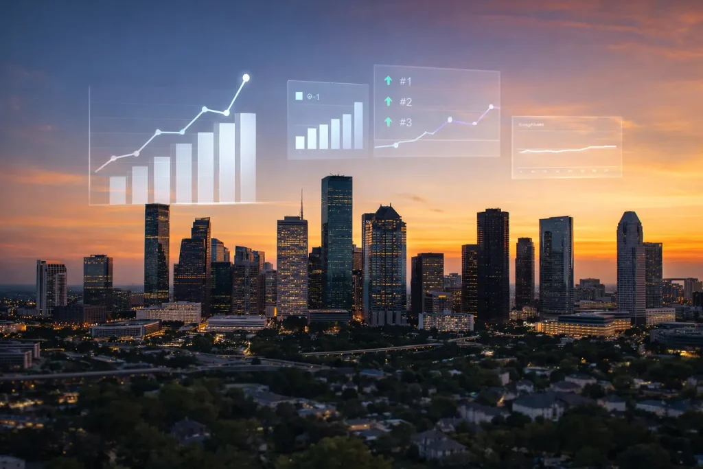 Houston skyline at sunset with SEO analytics growth charts overlay showing organic traffic and ranking improvements for local businesses