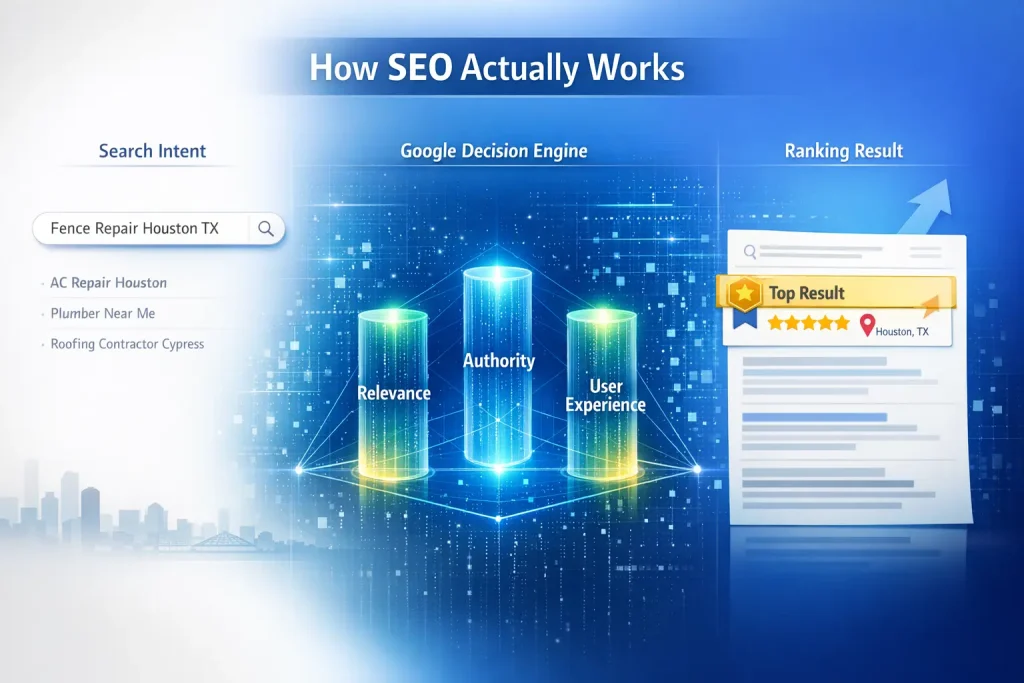 How Does SEO Actually Work infographic showing search intent, Google decision engine with relevance authority user experience, and ranking result in Houston TX