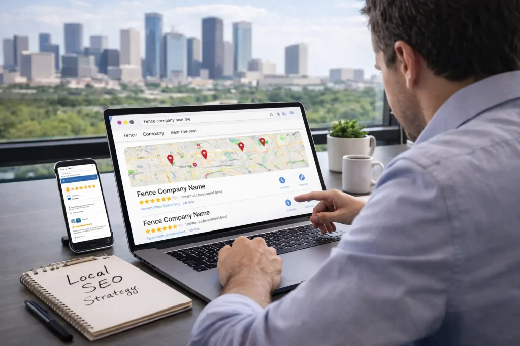 Local SEO Checklist example showing business owner analyzing Google map pack results and reviews on laptop in Houston office