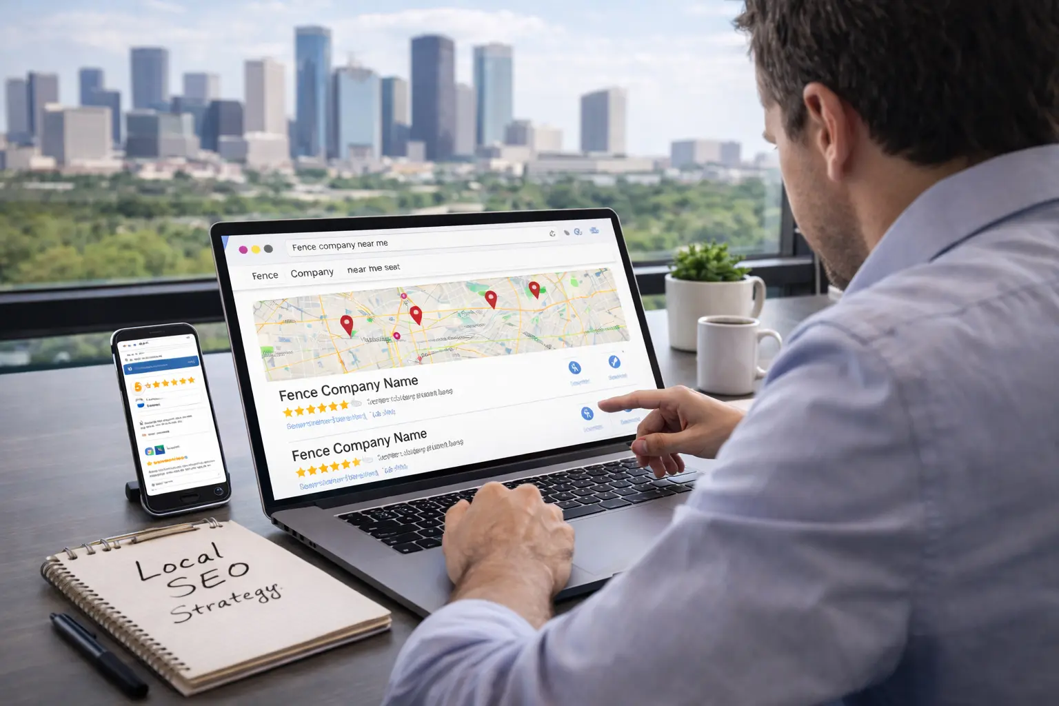 Local SEO Checklist example showing business owner analyzing Google map pack results and reviews on laptop in Houston office