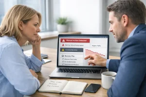 Business owner reviewing manual penalty warning with SEO company in Houston during website recovery audit