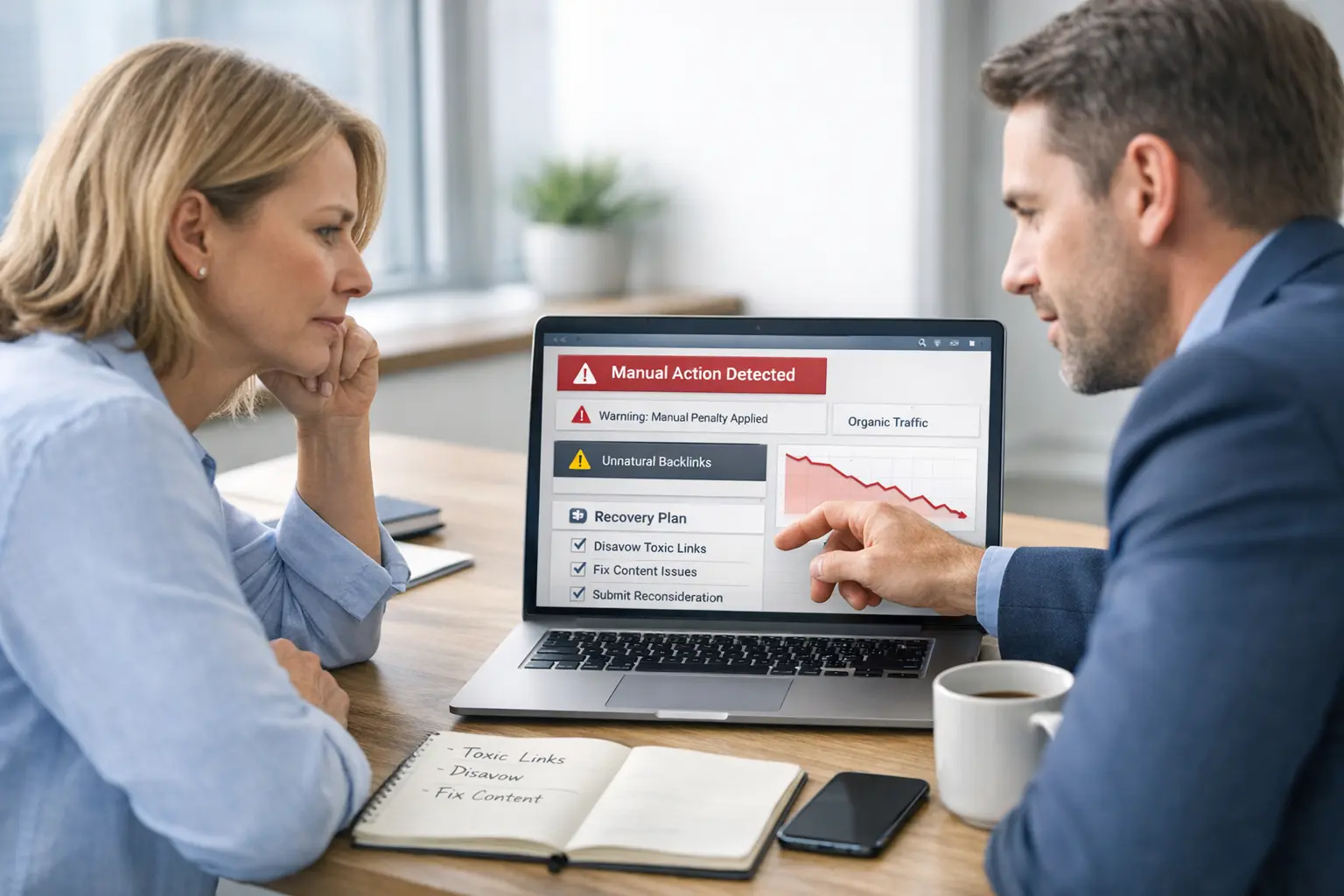 Business owner reviewing manual penalty warning with SEO company in Houston during website recovery audit