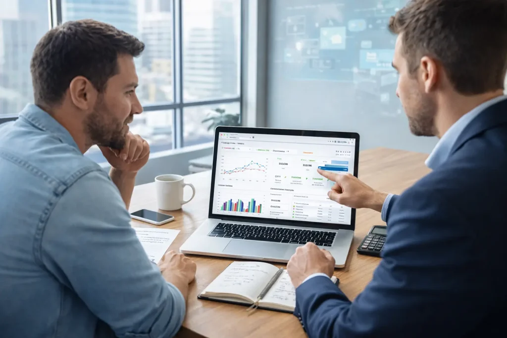 Small business owner meeting with a consultant from a marketing agency near you reviewing SEO and Google Ads analytics on a laptop during a digital marketing strategy discussion