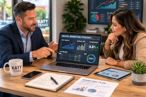 Small Business Marketing in Katy TX consultation showing a digital marketing expert explaining SEO traffic, Google Ads performance, and marketing analytics to a local business owner